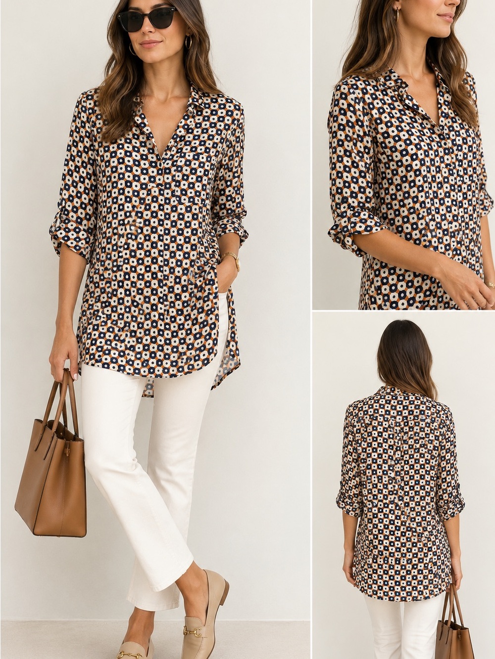 Zara Navy and Beige Geometric Roll-Tab Tunic Blouse